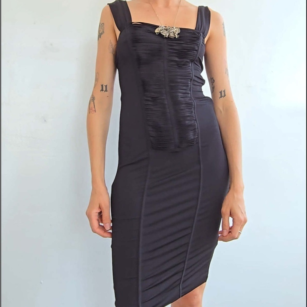 La Perla Cutouts Bodycon Dress Mini Black LBD Stretch Side Zip Vintage 42 US M
